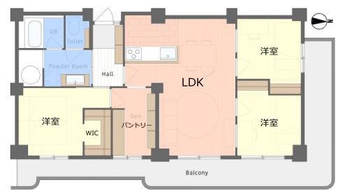 間取です。3LDKのファミリータイプです。収納スペース豊富なつくりです。