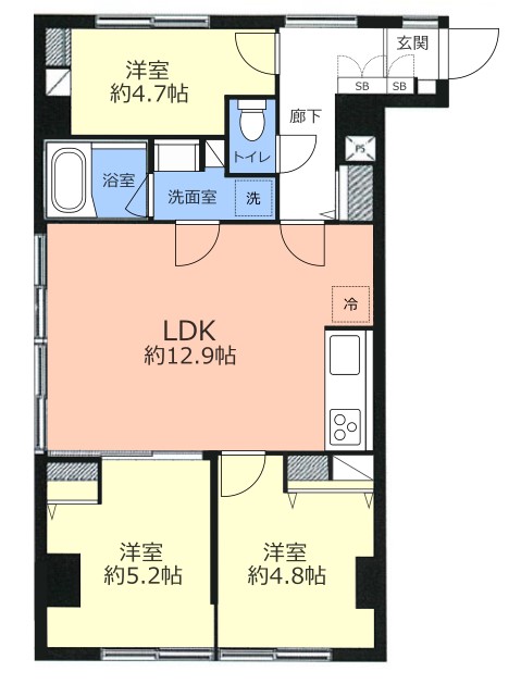 南常盤台ハイムの間取りです。3LDKタイプで居室は全て洋室です。